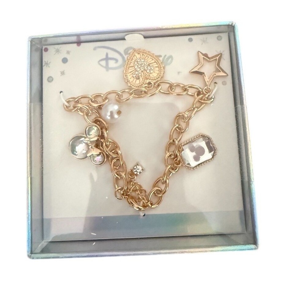 Disney Charm Bracelet Gold Mickey Icon Star Faux Pearl Clear Crystal